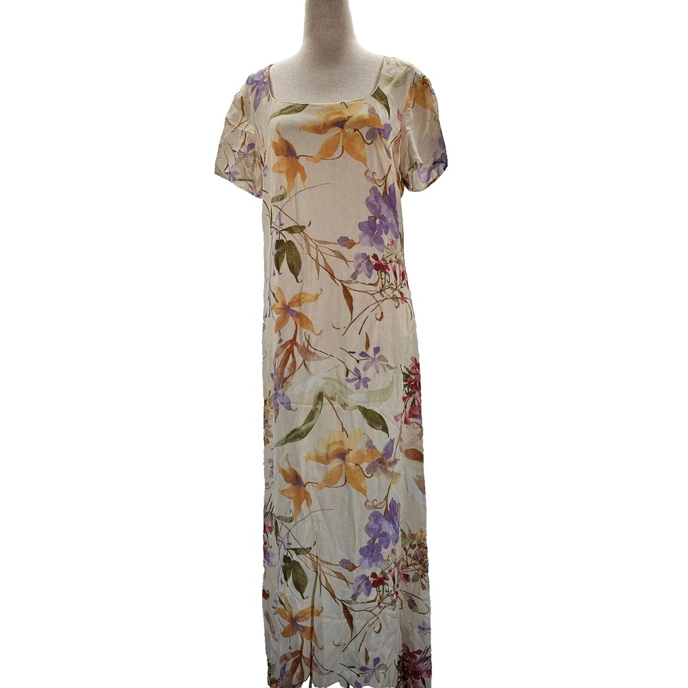 Vintage Coldwater Creek Floral Maxi Dress Size Medium Cream 90s Short Sleeve EUC